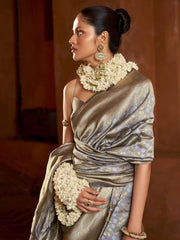Fascinating Grey Zari Weaving Silk Festival Wear Saree With Blouse