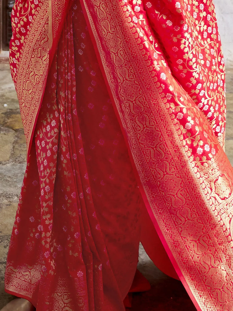Attractive Red Zari Weaving Silk Wedding Wear Saree With Blouse