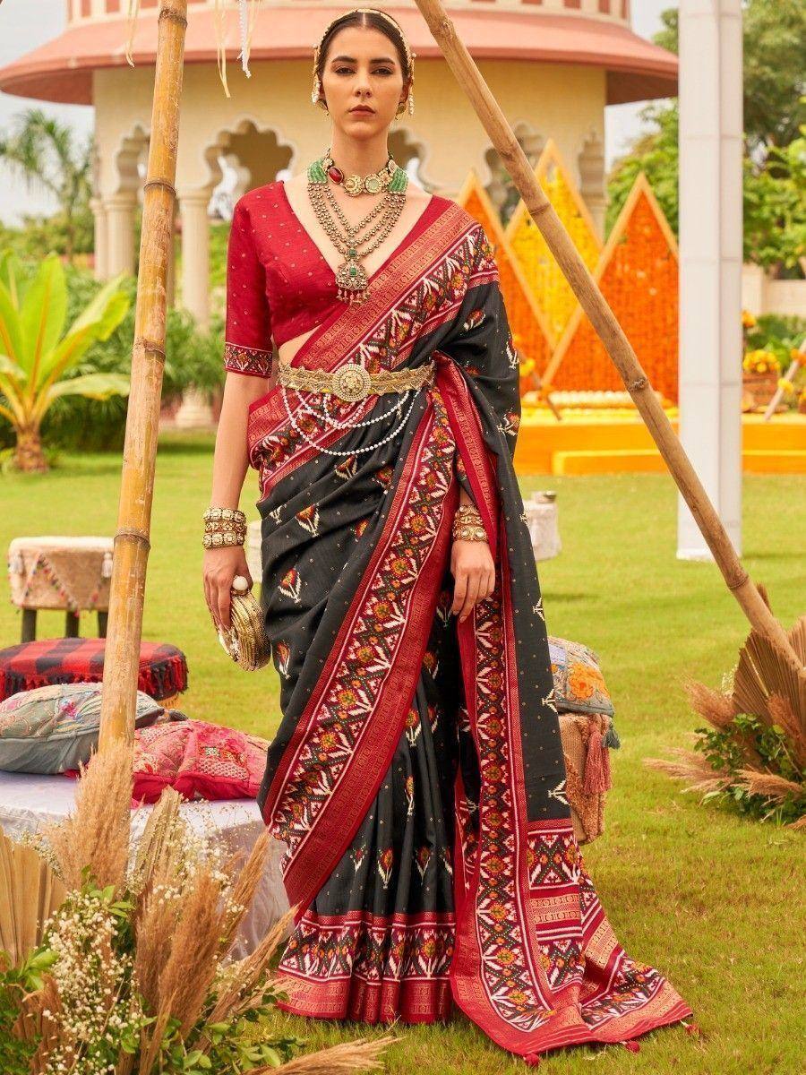 Black and red embroidered saree with designer blouse, perfect for Indian ethnic occasions