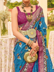 Captivating Blue Patola Printed Silk Wedding Wear Saree With Blouse