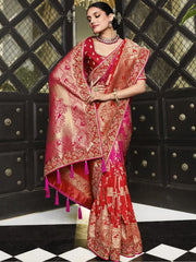 Charming Pink Zari Weaving Silk Wedding Wear Saree With Blouse