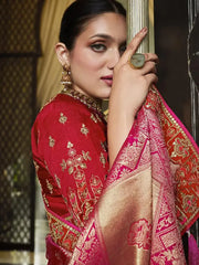 Charming Pink Zari Weaving Silk Wedding Wear Saree With Blouse