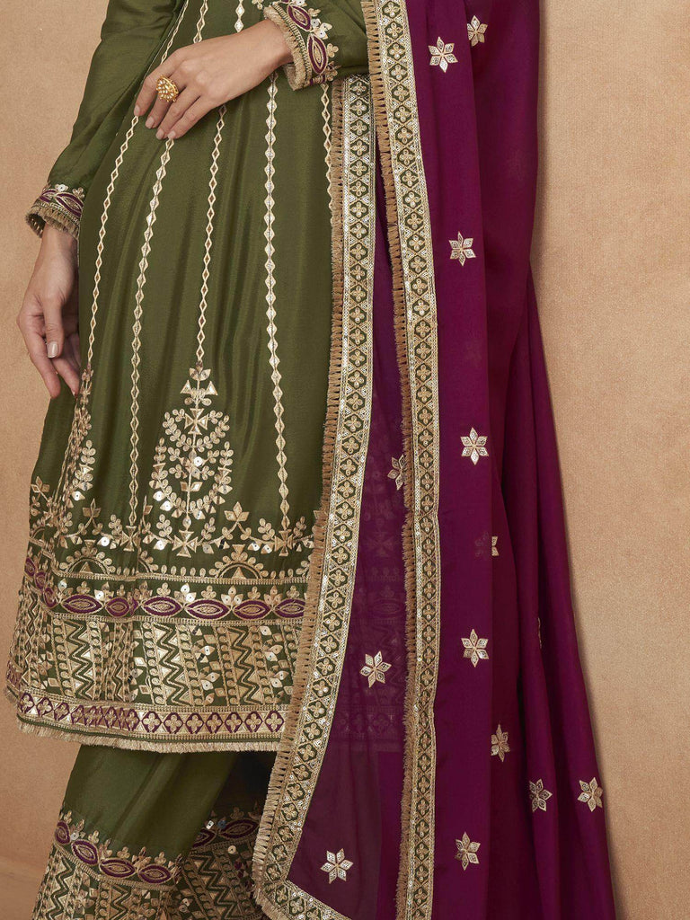 Attractive Green Embroidered Chinon Function Wear Salwar Suit
