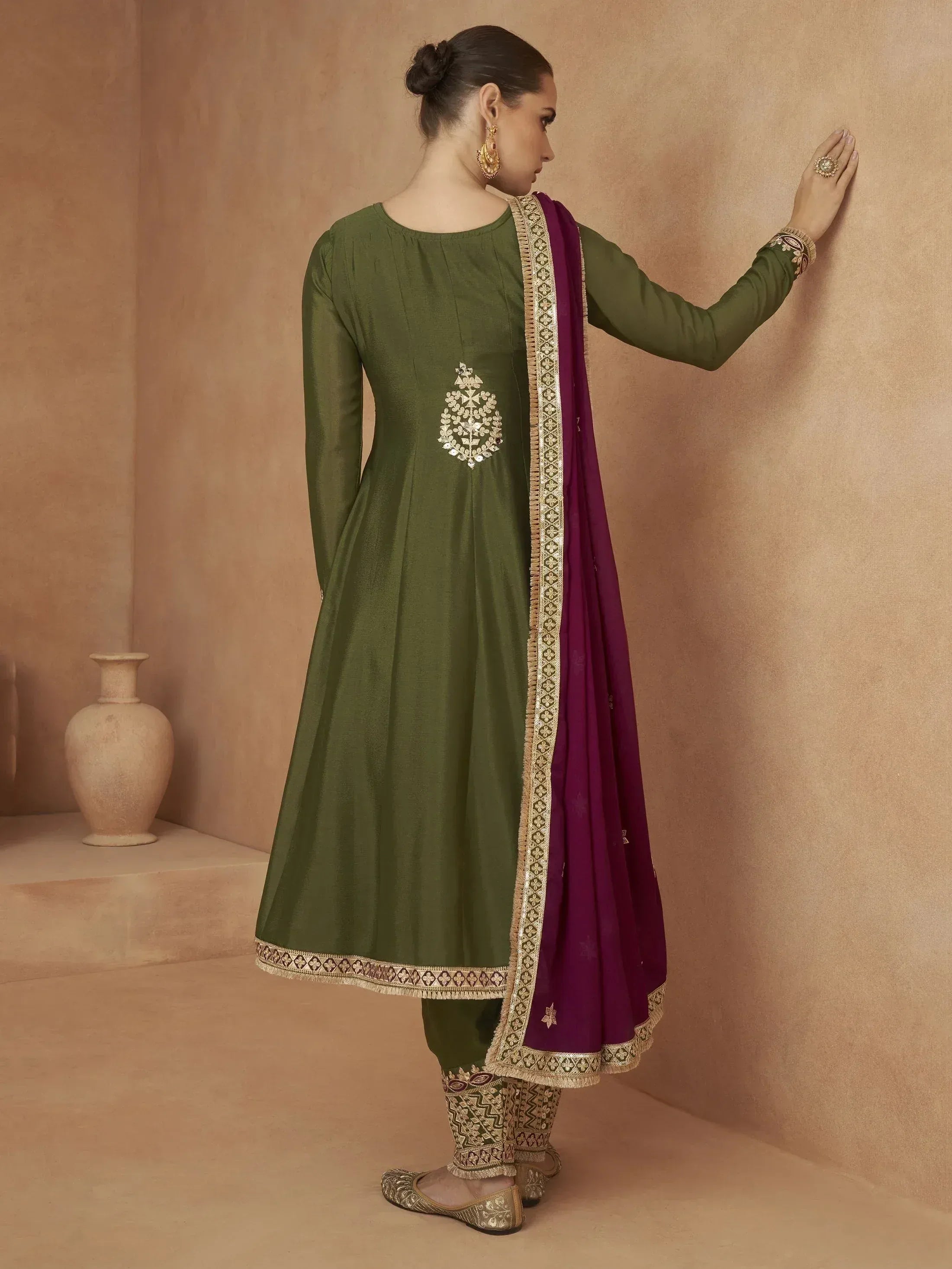 Olive green embroidered anarkali with purple dupatta, traditional Indian ethnic wear for women