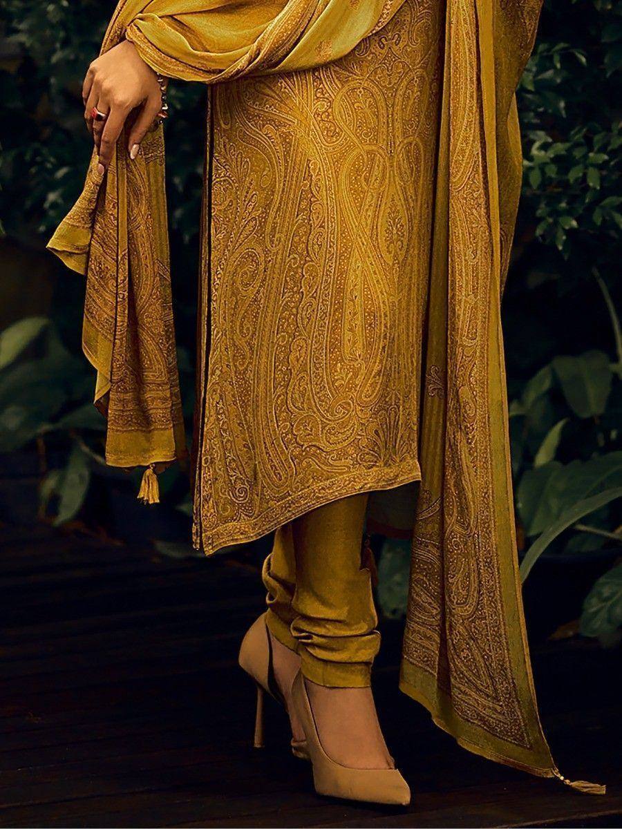 Mustard yellow paisley print salwar kameez with matching dupatta and heels