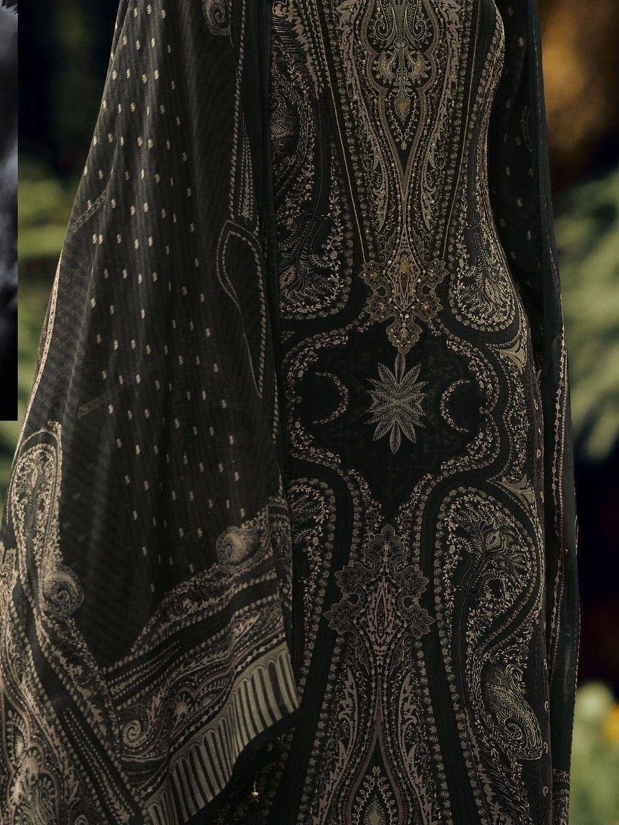 Black ethnic gown with gold paisley print, perfect for Indian occasions and festive wear.