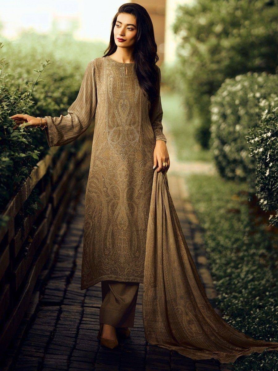 Elegant brown embroidered salwar kameez with matching dupatta, perfect for Indian ethnic wear occasions.