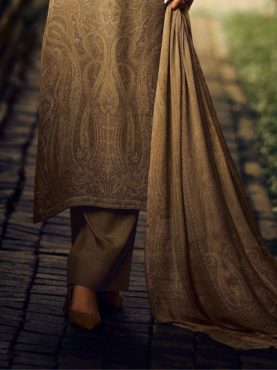 Elegant brown salwar kameez with intricate paisley print, perfect for ethnic wear occasions