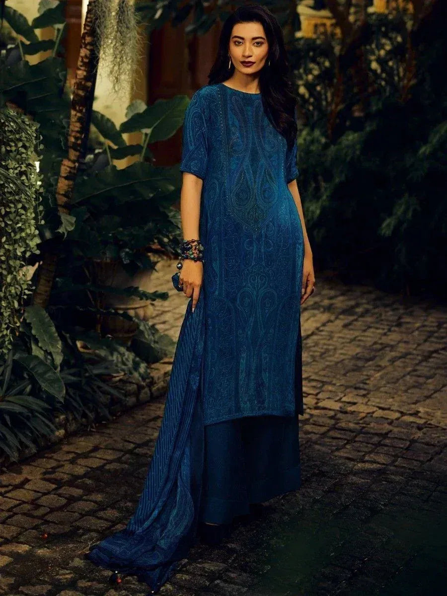 Blue embroidered ethnic gown with palazzo pants, perfect for Indian occasions and festive wear