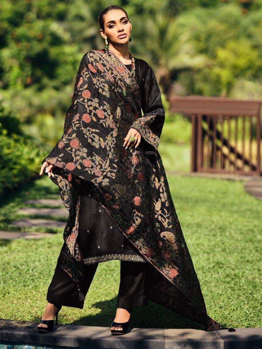 Black floral embroidered salwar kameez with dupatta, perfect for Indian ethnic wear occasions