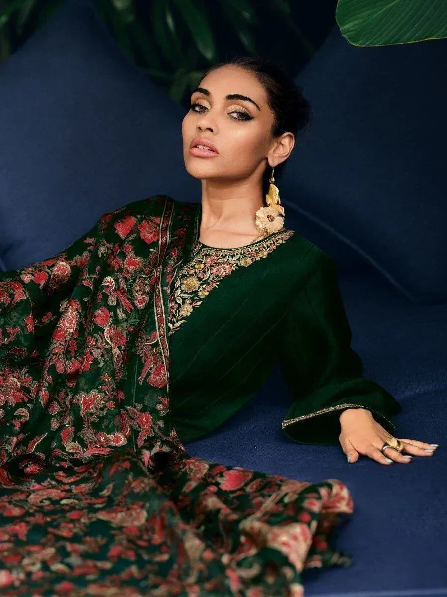 Elegant green floral embroidered salwar kameez with matching dupatta, perfect for Indian ethnic occasions.