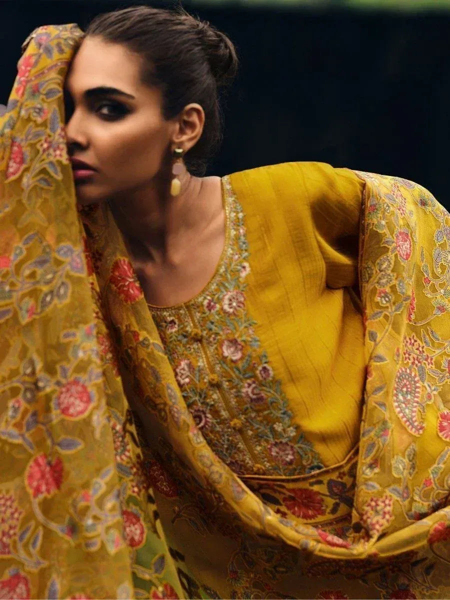 Yellow floral embroidered ethnic salwar kameez with matching dupatta