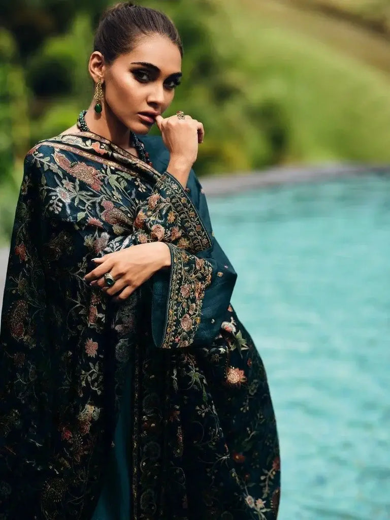 Pretty Teal Blue Embroidered Muslin Silk Festival Pakistani Salwar Suit
