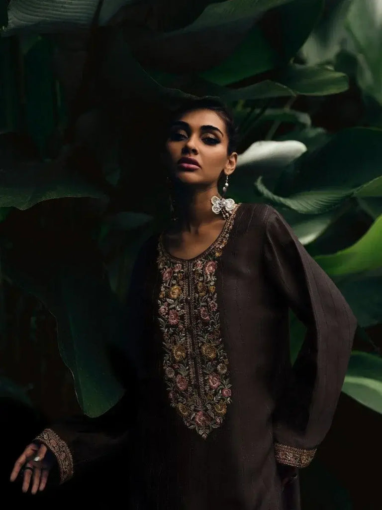 Lovely Brown Embroidered Muslin Silk Traditional Pakistani Salwar Suit