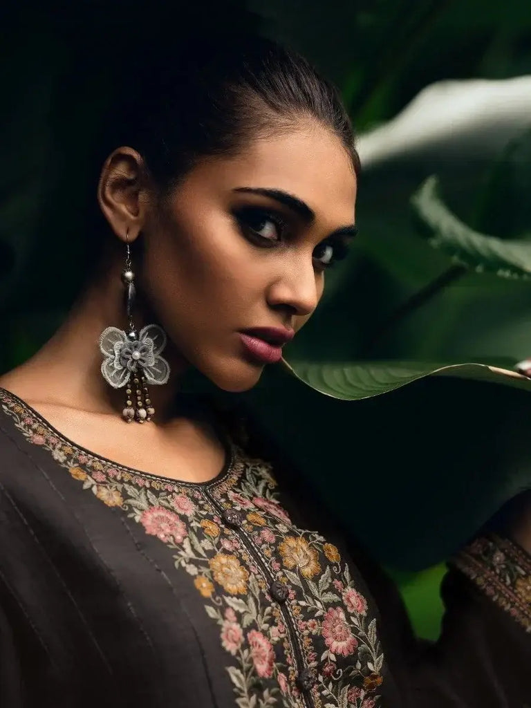 Lovely Brown Embroidered Muslin Silk Traditional Pakistani Salwar Suit