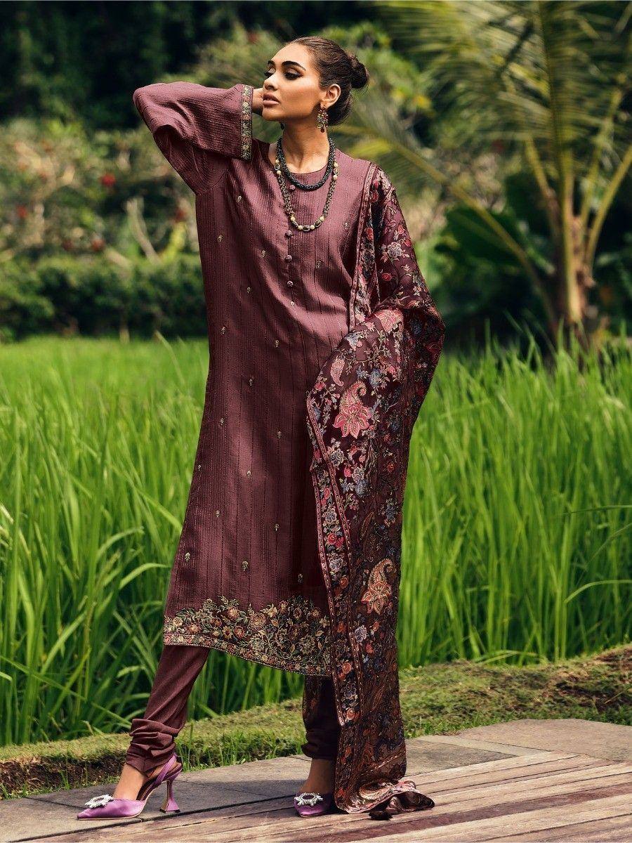 Maroon embroidered salwar kameez with floral dupatta, styled for ethnic wear