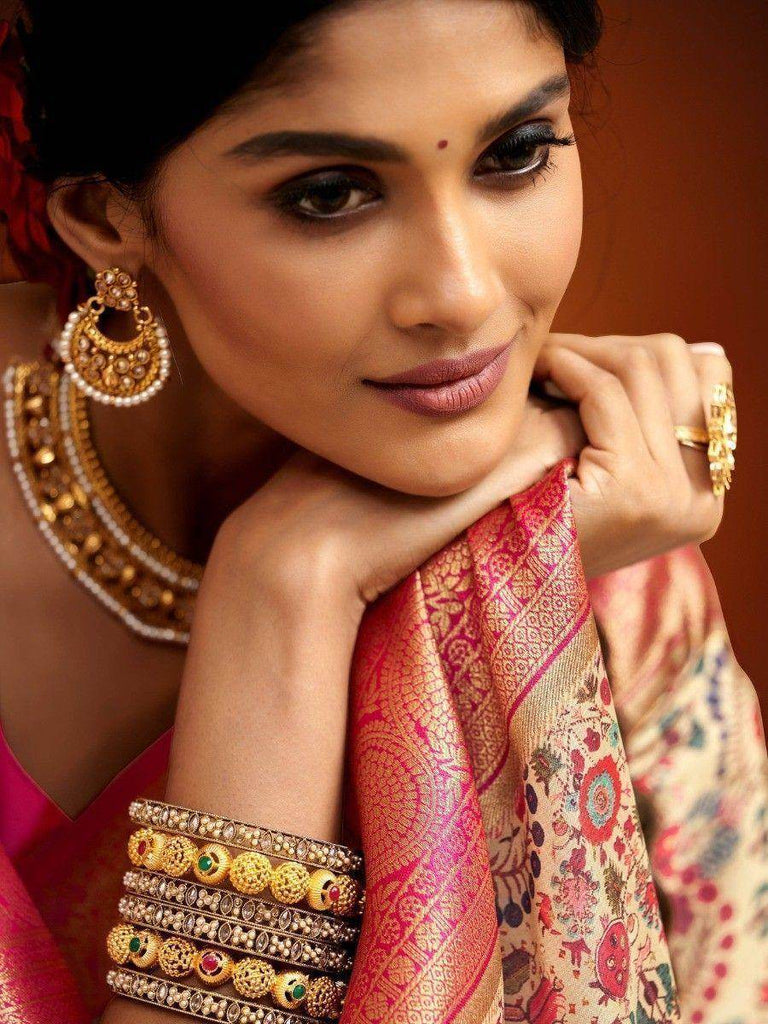 Outstanding Beige Kalamkari Printed Banarasi Silk Saree With Blouse