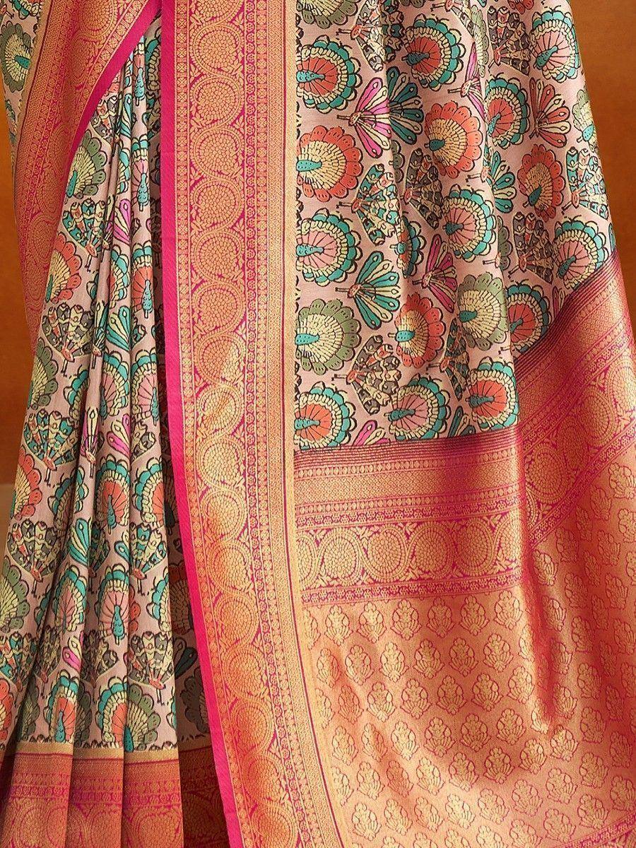 Pink and gold peacock print saree with intricate border, Indian ethnic wear
