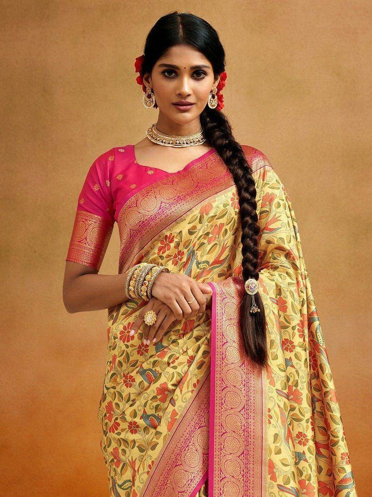 Beautiful Yellow Kalamkari Printed Banarasi Silk Traditional Saree