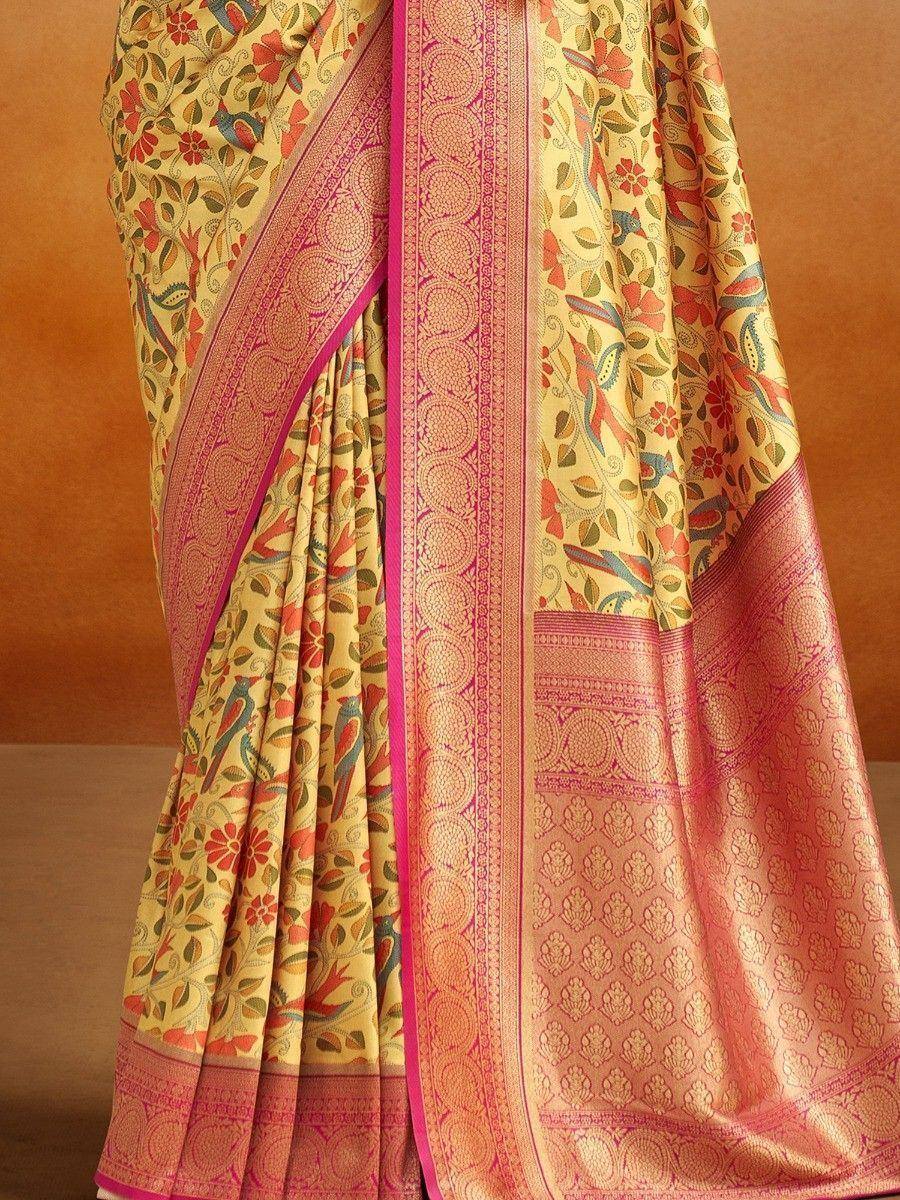 Yellow floral print saree with pink woven border, Indian ethnic wear
