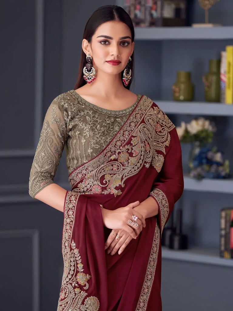 Spectacular Maroon Embroidered Satin Wedding Wear Saree With Blouse