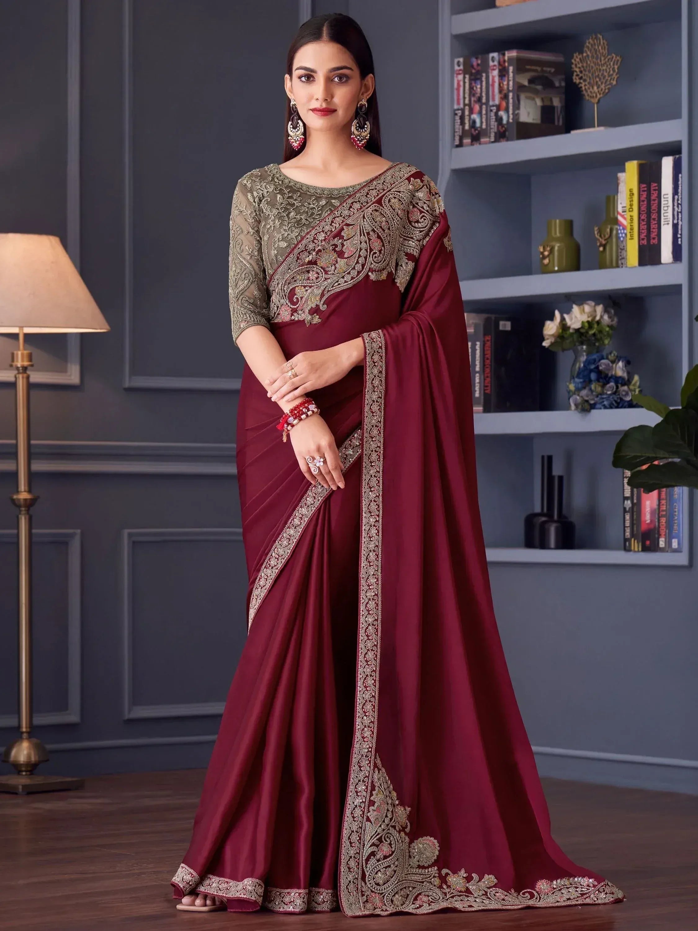 Maroon embroidered saree with gold work, designer blouse, ethnic wear for women