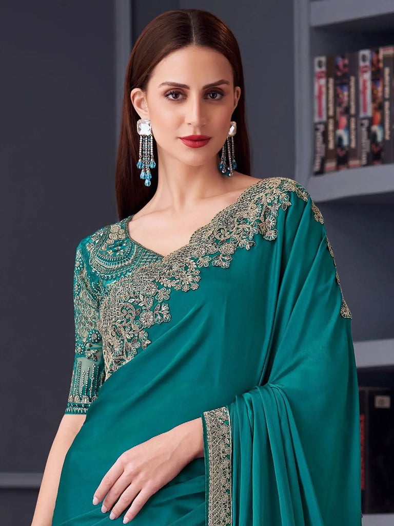 Stunning Sea Green Embroidered Chiffon Function Wear Saree With Blouse