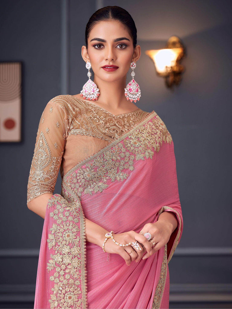 Tantalizing Pink Embroidered Silk Engagement Wear Saree With Blouse