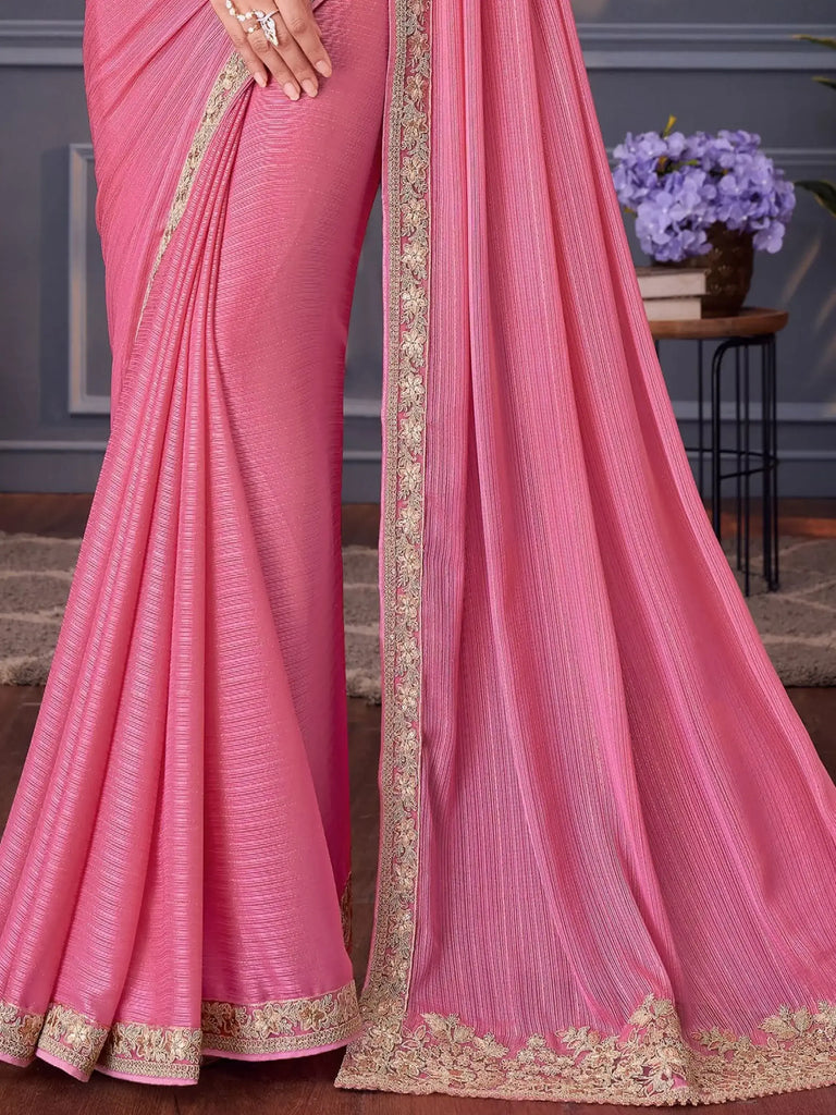 Tantalizing Pink Embroidered Silk Engagement Wear Saree With Blouse