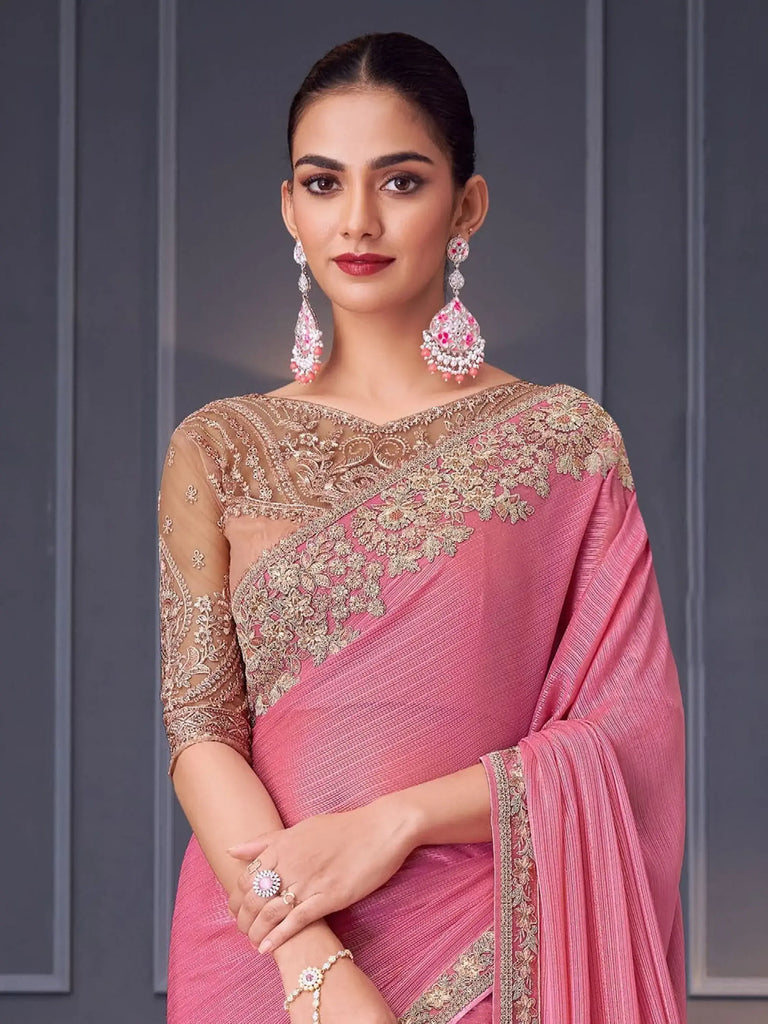 Tantalizing Pink Embroidered Silk Engagement Wear Saree With Blouse