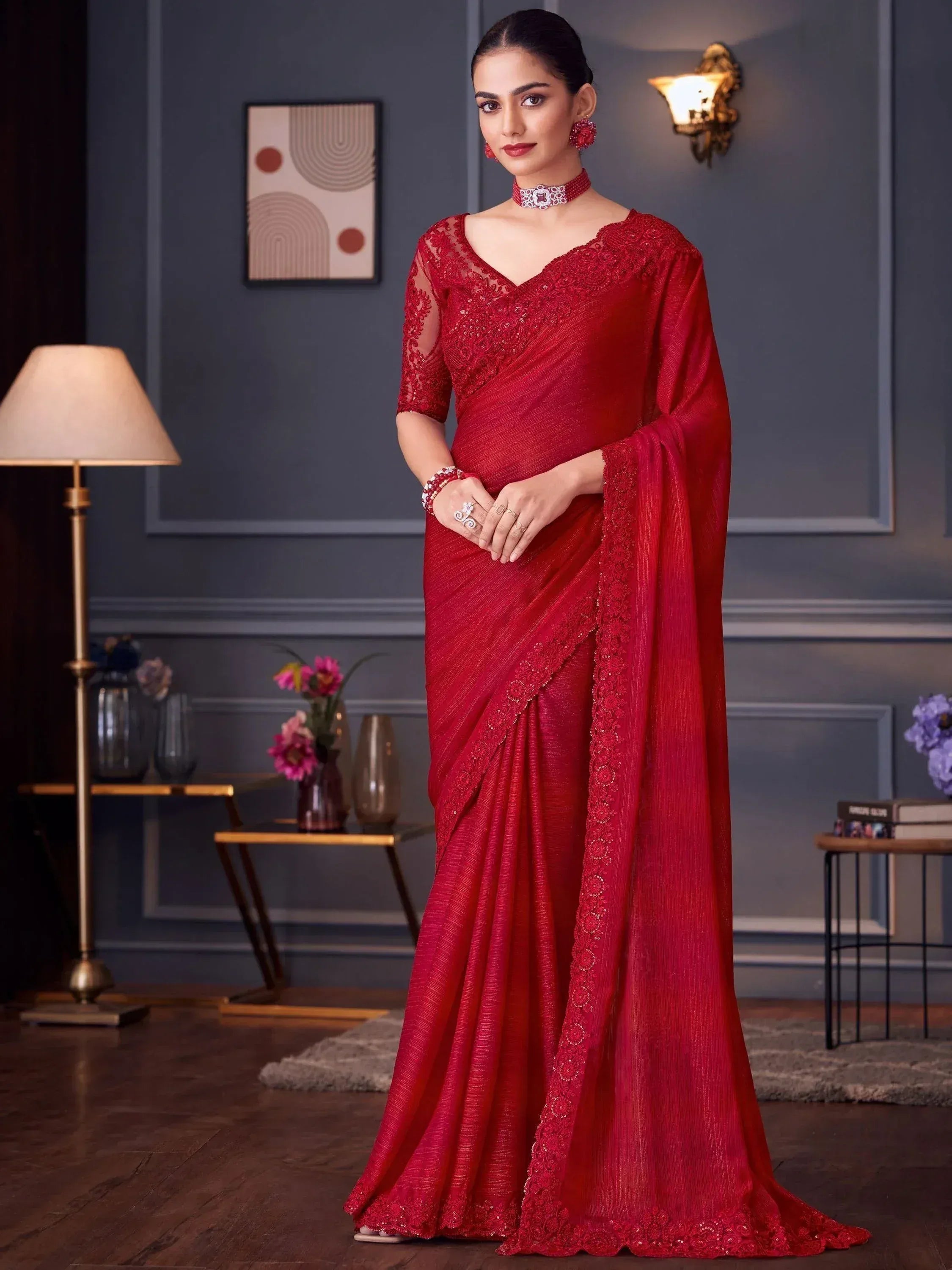 Red embroidered saree with lace blouse, perfect for Indian ethnic occasions and weddings