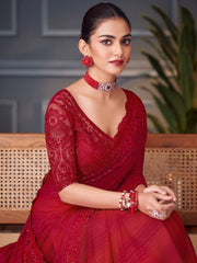 Captivating Red Sequins Work Silk Party Wear Saree With Blouse