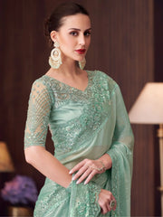 Lovable Sea Green Heavy Embroidery Silk Event Wear Saree With Blouse