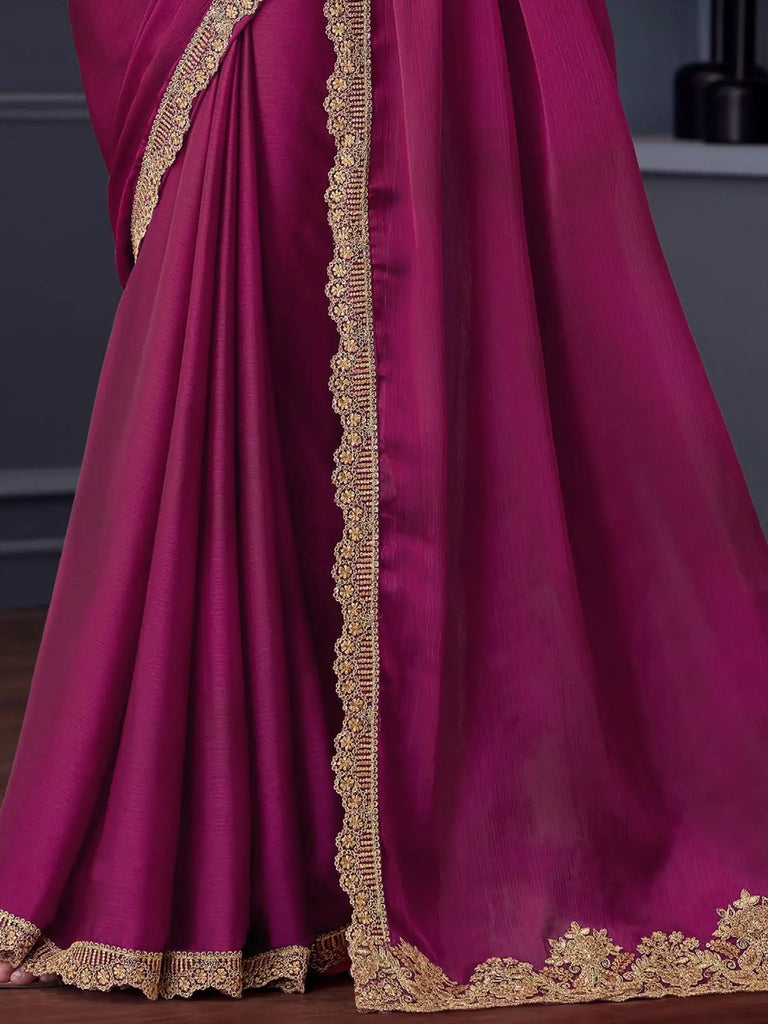 Surprising Magenta Heavy Border Work Chiffon Reception Wear Saree