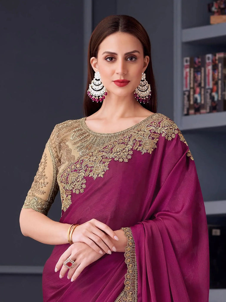 Surprising Magenta Heavy Border Work Chiffon Reception Wear Saree