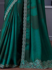 Startling Teal Green Thread Embroidery Chiffon Wedding Wear Saree