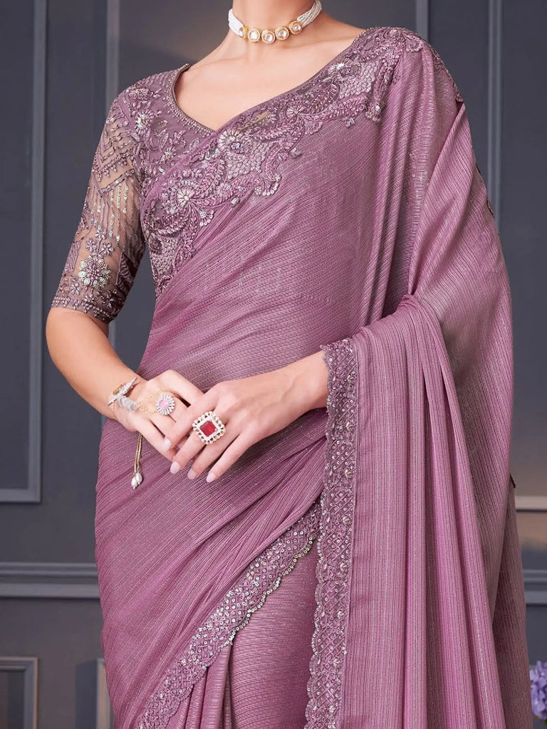 Shocking Mauve Color Heavy Border Work Silk Reception Wear Saree