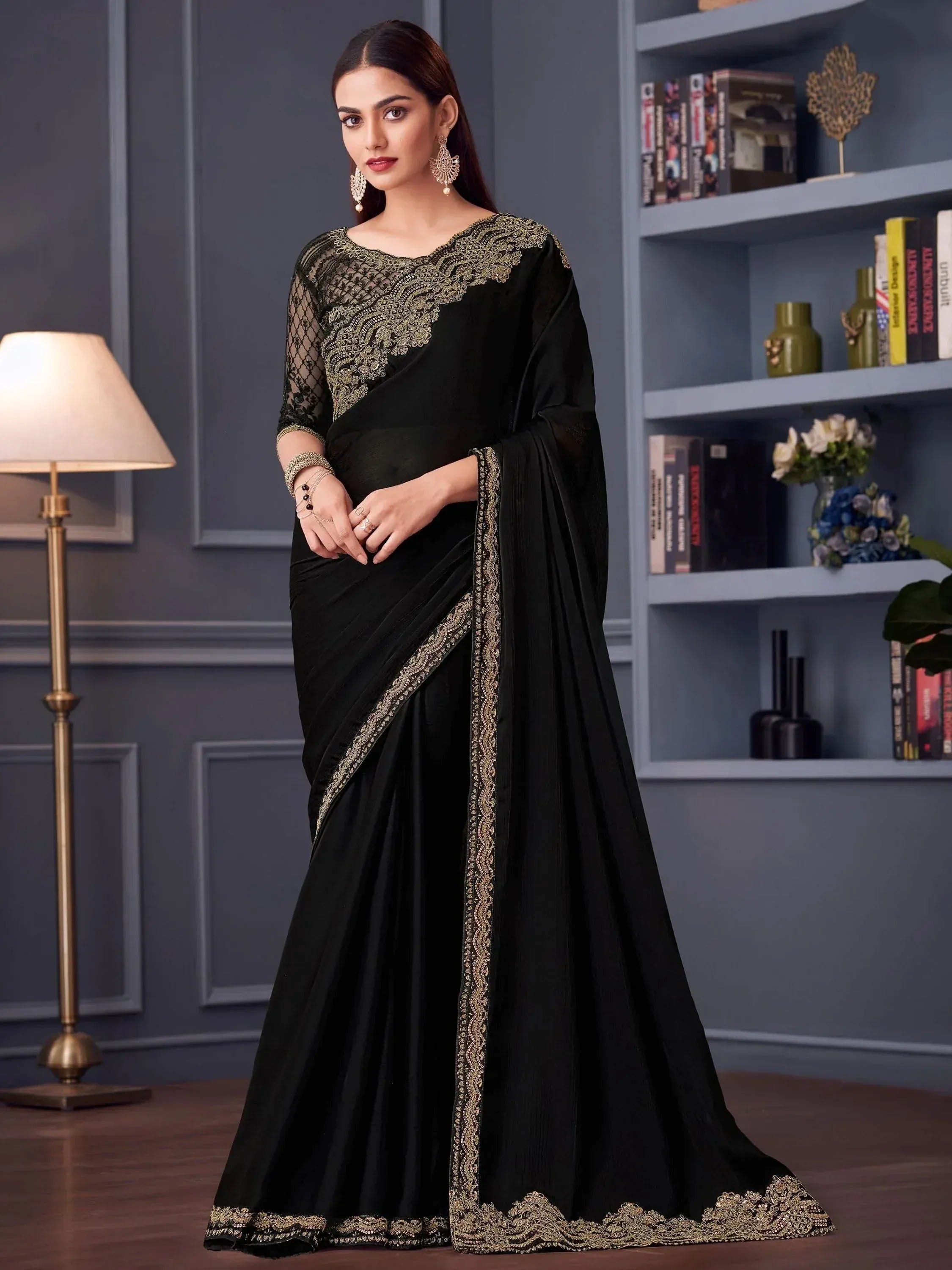 Black saree with gold embroidery, designer ethnic wear for women