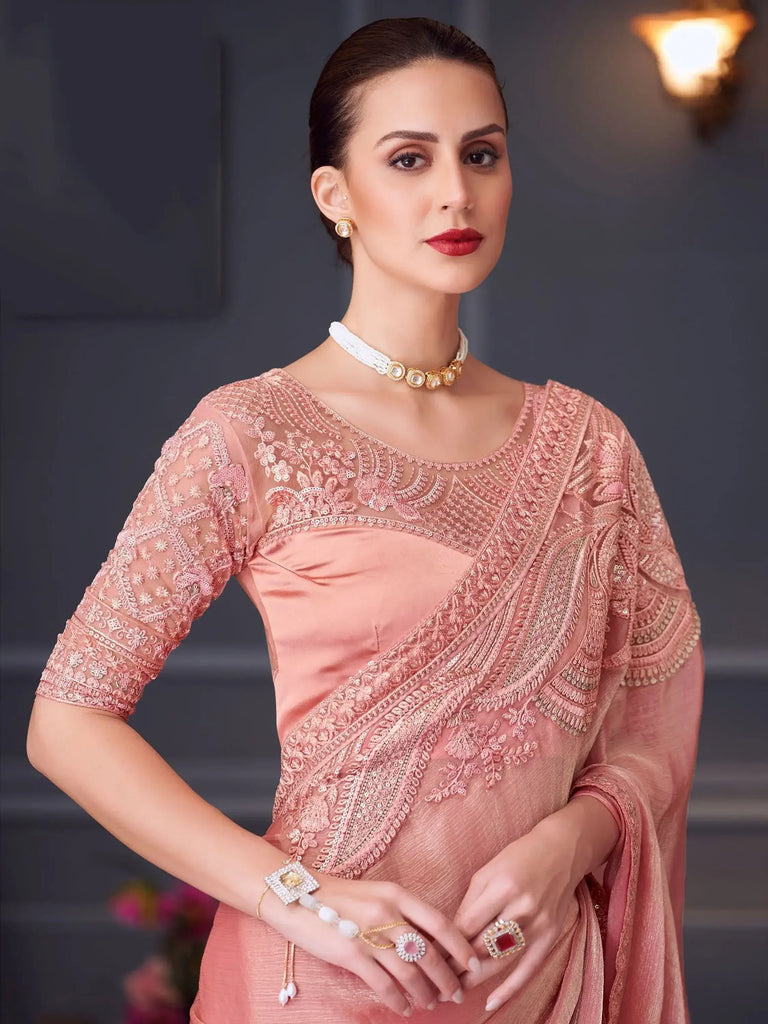 Fantastic Peach Color Embroidered Silk Event Wear Saree With Blouse