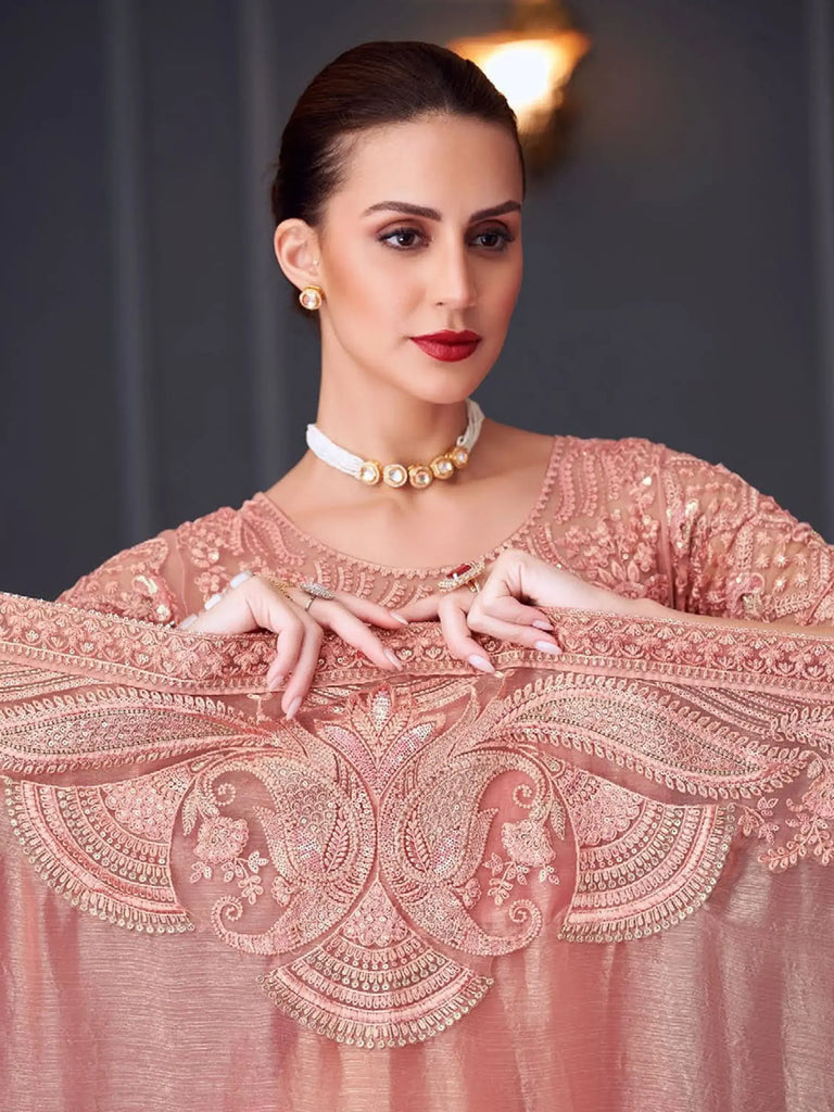 Fantastic Peach Color Embroidered Silk Event Wear Saree With Blouse