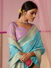 Surprising Sky Blue Zari Weaving Silk Function Wear Saree With Blouse