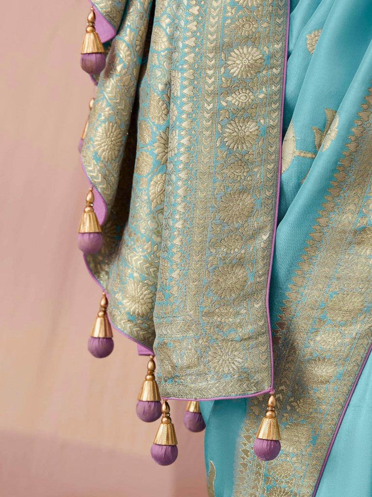 Surprising Sky Blue Zari Weaving Silk Function Wear Saree With Blouse