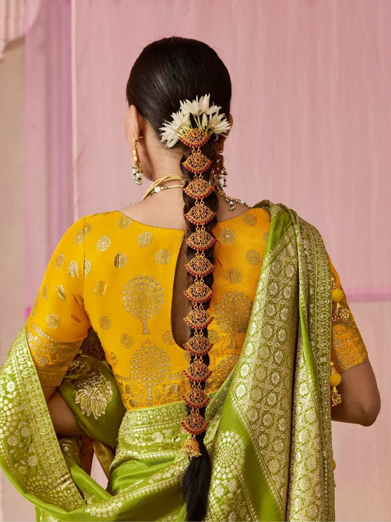 Stunning Olive Green Zari Weaving Silk Mehendi Wear Saree With Blouse