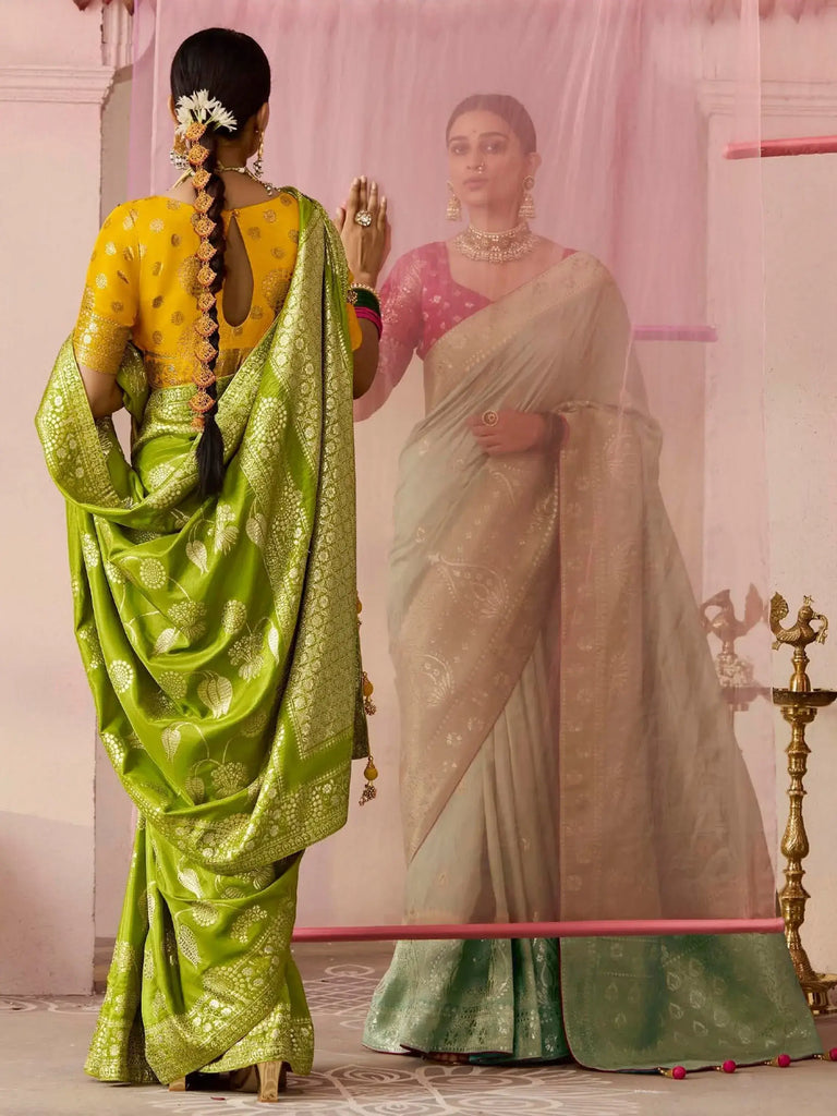 Stunning Olive Green Zari Weaving Silk Mehendi Wear Saree With Blouse