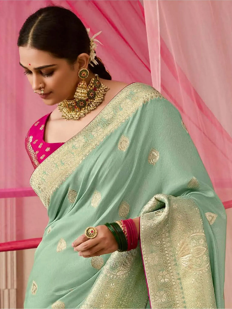 Lovely Seafoam Green Zari Weaving Silk Function Wear Saree With Blouse