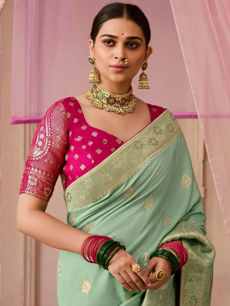 Lovely Seafoam Green Zari Weaving Silk Function Wear Saree With Blouse