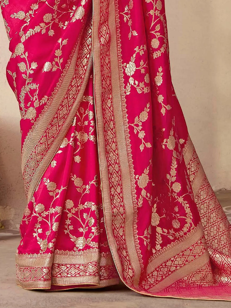 Delightful Rani Pink Zari Weaving Silk Wedding Wear Saree With Blouse