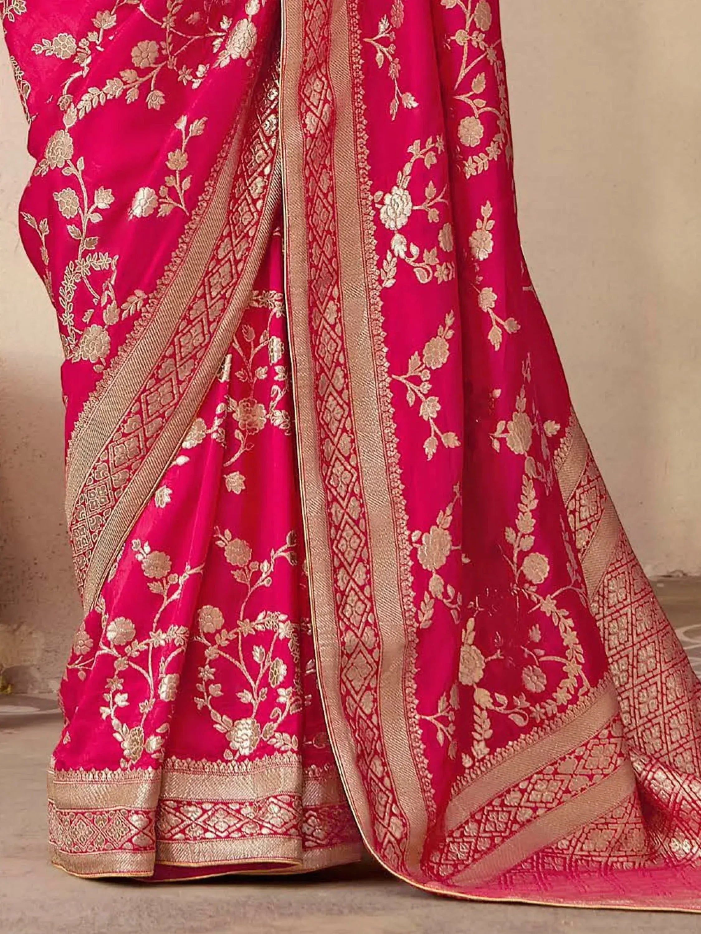 Pink floral embroidered saree with gold border, Indian ethnic wear