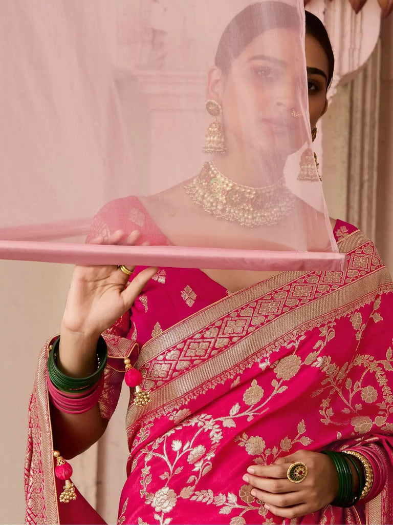 Delightful Rani Pink Zari Weaving Silk Wedding Wear Saree With Blouse