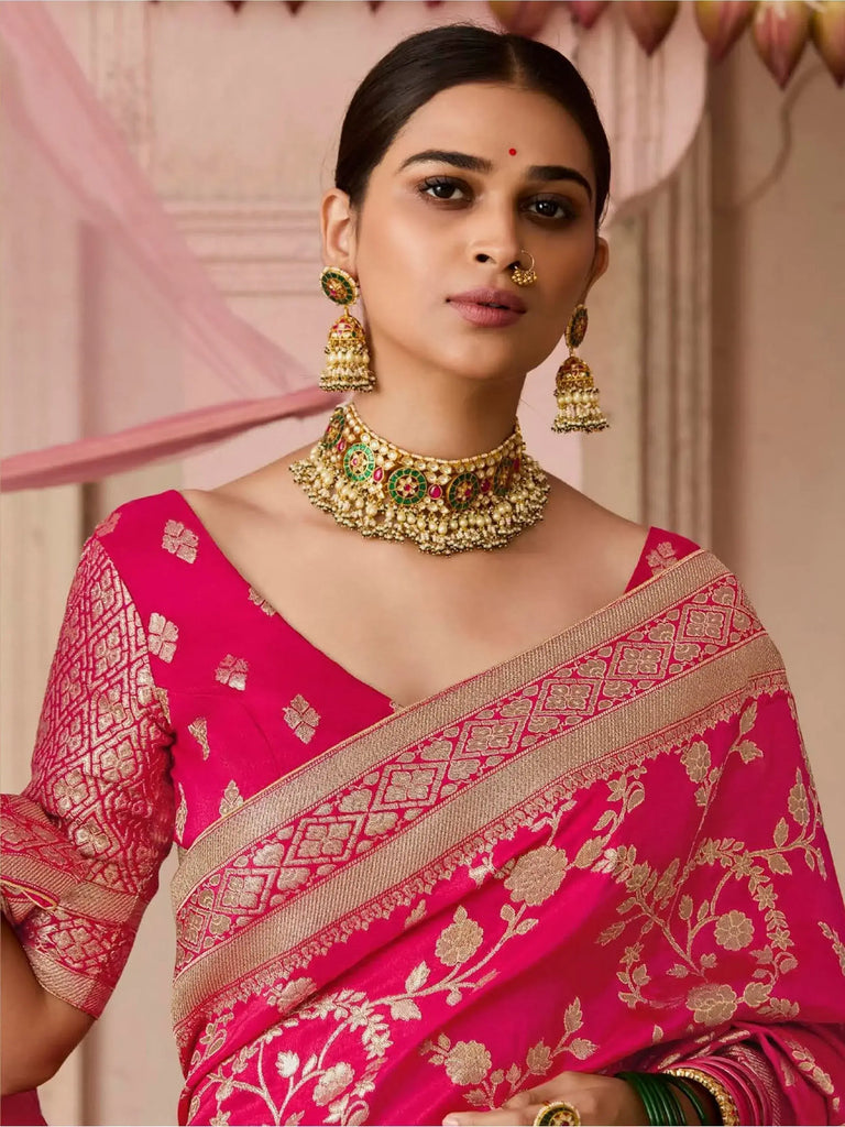 Delightful Rani Pink Zari Weaving Silk Wedding Wear Saree With Blouse